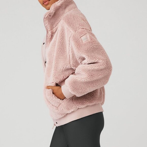 ALO Yoga Sherpa Varsity Jacket - Dusty Pink - Size Medium - Picture 2 of 8